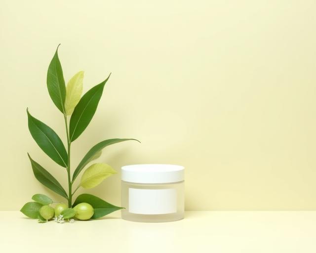 Planta y cosmético sobre fondo neutro